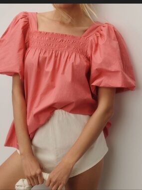 Maeve Pink Puff Sleeve Square Neck Blouse